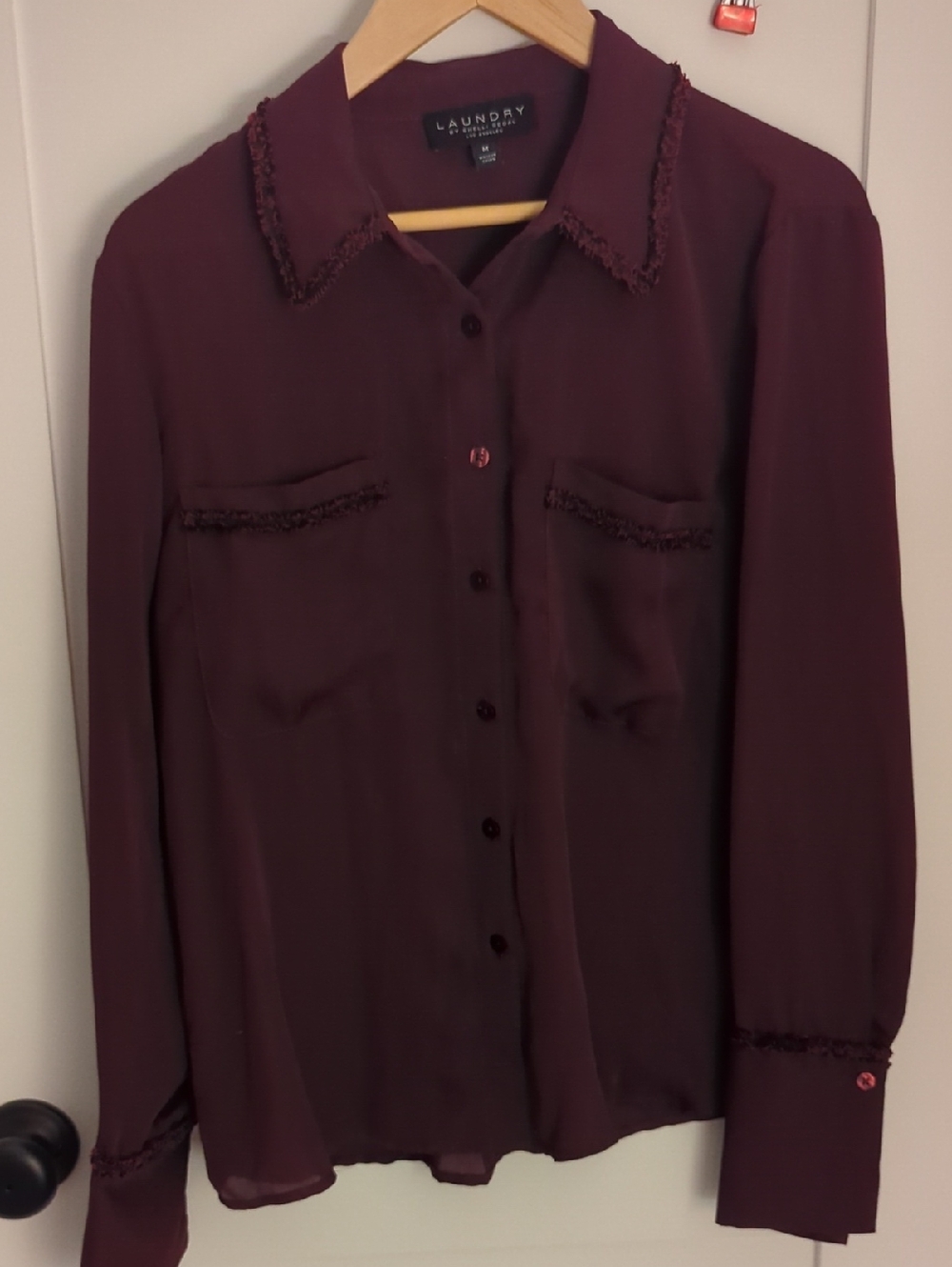 Laundry By Shelli Segal Burgundy Fringe-Trim Button-Up Blouse